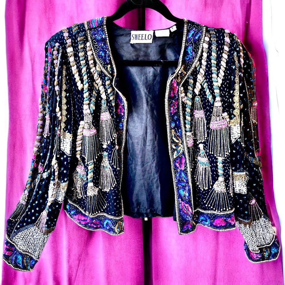 Vintage SweeLo Multi-Color Beaded Sequins Silk Jacket Womens size Large (10-12) - Picture 1 of 16